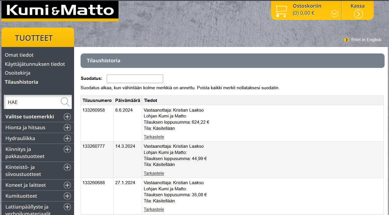 Kirjautunut verkkokauppanäkymä – sopimushinnat, saldot ja toimitusajat